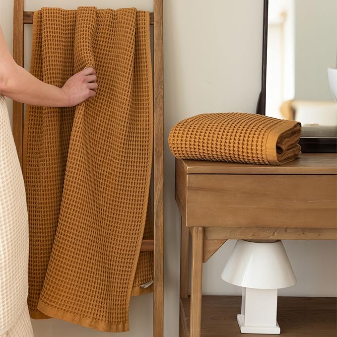Premium Waffle Bath Towels Pack of 2 Extra Large 35x71 inch - 100% Turkish Cotton, Waffle Weave, Quick Dry, Lint Free, Oversized, Thin Bath Sheet Towel (Caramel, Set of 2 Bath Towels)
