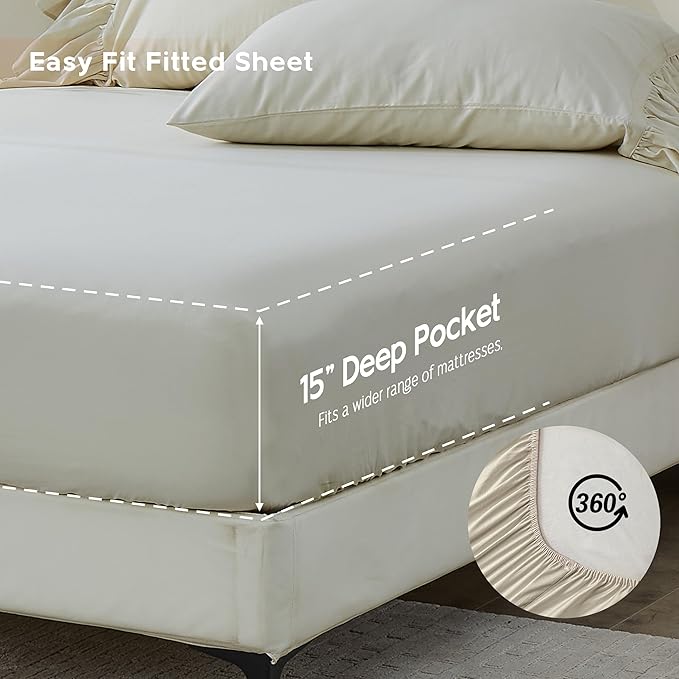 Simple&Opulence 100% Organic Cotton Sheet Set, Long Ruffle Bed Sheets (1 Flat Sheet, 1 Fitted Sheet and 2 Pillowcases) Elegant Shabby Chic Bedding Farmhouse Charming Vintage - Beige, Queen