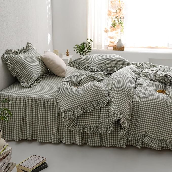mixinni Green Ruffle Duvet Cover King Size 3 Pieces – 100% Washed Cotton, Vintage Plaid Ruffled Bedding Set with Zipper Ties, Soft Checkered Grid Farmhouse Chic Comforter Cover Set