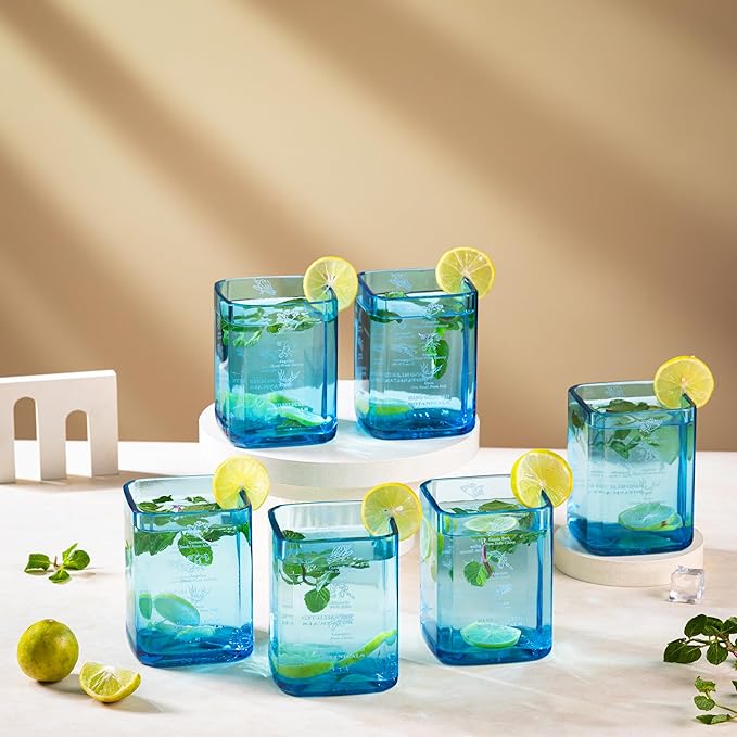 Expensive Bombay Sapphire Glasses Set Of 6 Drinking Juice,Bourbon,Whisky,Cocktails,Mocktail Transparent Up-Cycled Eco-Friendly Glasses Perfect For Home,Restaurants And Parties Dishwasher Safe - 400 Ml