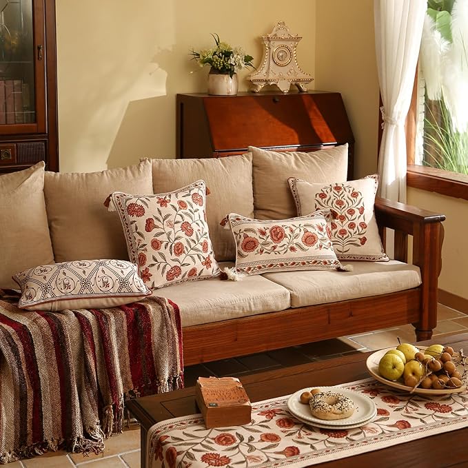 ISAENNE Design Linen Rectangle Vintage Throw Pillow Covers 12"x20" Pack of 2, Brick Red Cushion Covers with Orange Floral Green Leaves Pattern Decor Pillowcases for Bed,Living Room,Outdoor,Car