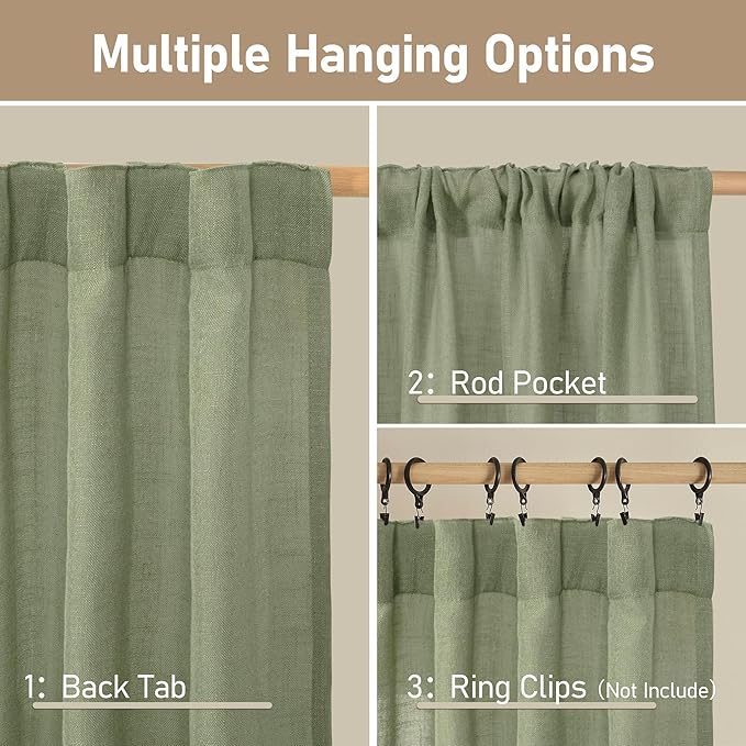 LAMIT Sage Green Linen Boho Curtains 80 inch Length 2 Panels, Light Filtering Semi Sheer Panels Back Tab and Rod Pocket Neutral Drapes for Bedroom/Living Room, 34 x 80 Inch