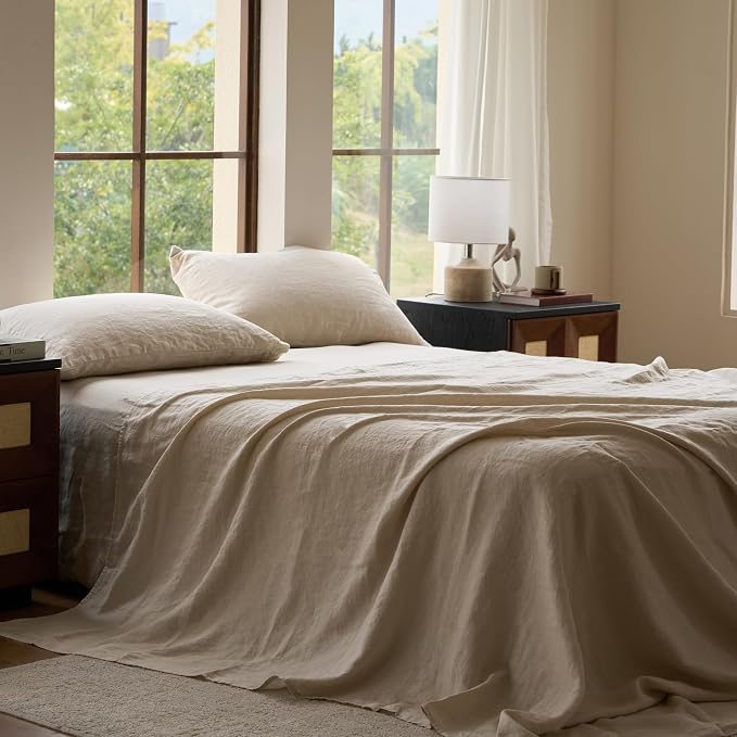 Sijo Stone Washed Organic French Linen Bed Sheet Set, GOTS Certified Organic, Best Cooling Linen Sheet Award by Sleep Foundation, 4 Piece - 2 Pillowcases, 1 Fitted and 1 Flat (Classic, King)