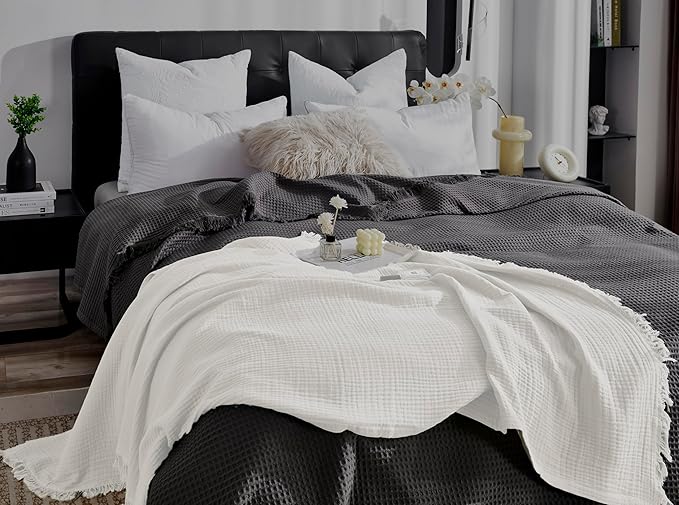 KyraHome 100% Cotton Muslin Blankets for Adults, Couch, 50"x60", Pre-Washed Plant Dyed, Breathable Lightweight Gauze Summer Throw Blanket, All Season (White)