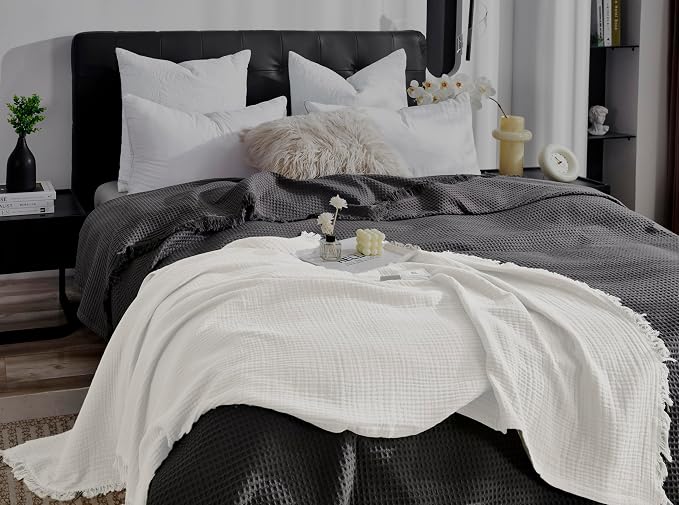 KyraHome 100% Cotton Throw Blanket 60"x80" Large Muslin Blankets for Adults, Couch, Picnic, Travel, Plant Dyed Pre-Washed Breathable Lightweight Soft Summer Blanket, All Season, White