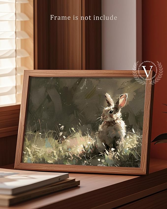 Vodefoad Vintage Rabbit Wall Art Prints Easter Wall Decor Neutral Bunny Canvas Oil Painting Farmhouse Style Bunny Drawing for Nursery Wall Decor Retro Easter Antique Rabbit Gallery wall Art for Bathroom Office Decor - 8x10Inch Unframe
