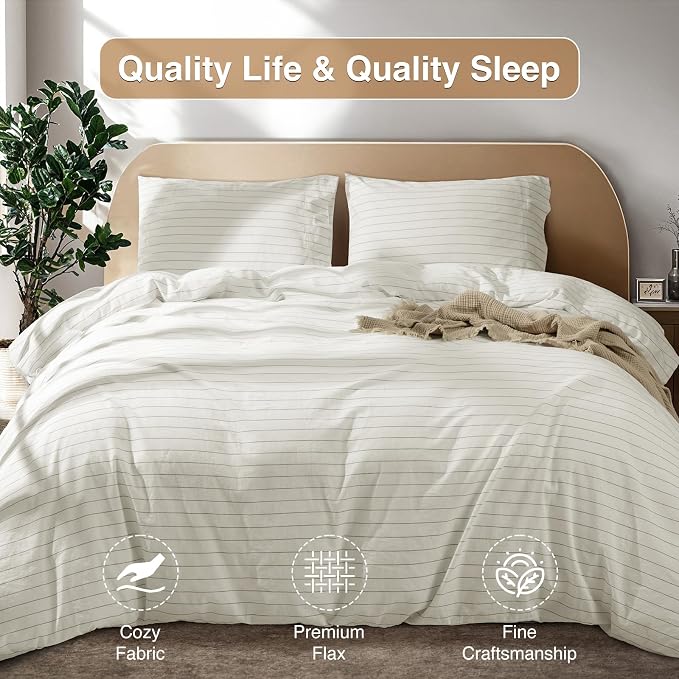 SONORO KATE 100% French Linen Duvet Cover King Size, Soft Breathable for Hot Sleepers, Moisture Wicking & Durable Cover Set - Zipper Closure & 4 Corner Ties - 3 PC (White & Dark Grey Stripes)
