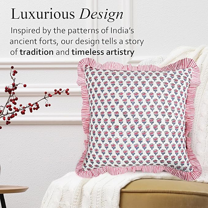 CPC Pink Sapphire Ruffle Throw Pillow Covers for Couch, 20x20 Inch Cotton Stripe Ruffle Couch Pillows for Living Room, Hidden 16 Inch Zipper Boho Pillow Case or Cute Outdoor Pillows