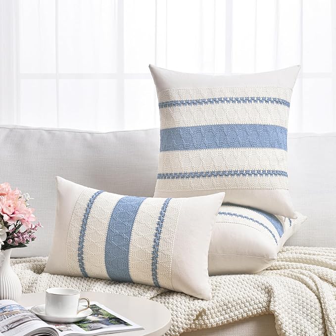 Fancy Homi Set of 1 Boho Light Blue Big Decorative Throw Pillow Cover 24x24 Inch for Couch Bed Bedroom, Aesthetic Modern Organic Farmhouse Room Decor, Soft Cotton Accent Macrame Woven Cushion Case