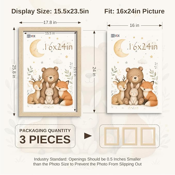 VCK 16x24 Poster Frame 3 Pack - Natural Oak Solid Wood Picture Frames with Exclusive Wood Grain, Wall Hanging