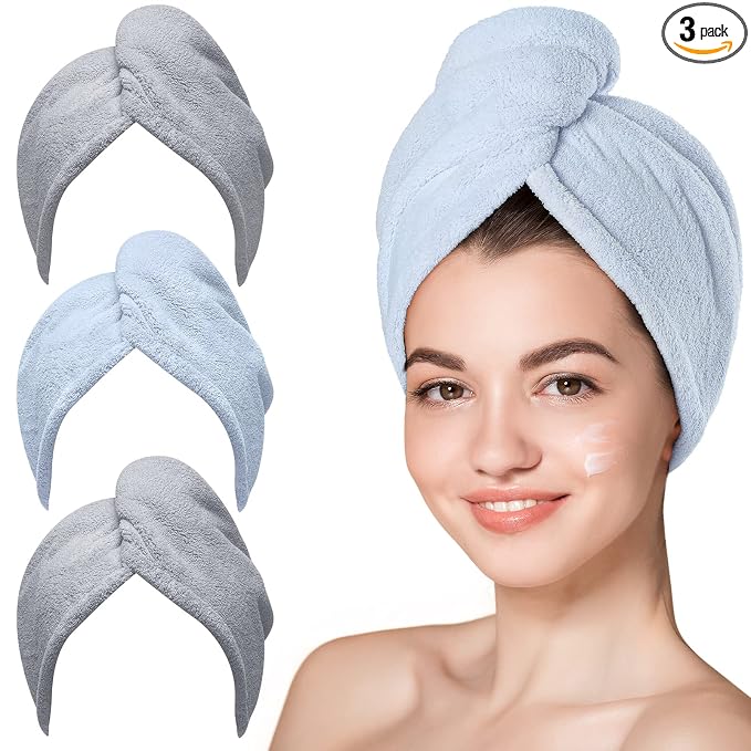Hicober Microfiber Hair Towel, 3 Packs Hair Turbans for Wet Hair, Drying Hair Wrap Towels for Curly Hair Women Anti Frizz (Grey,Blue,Grey)
