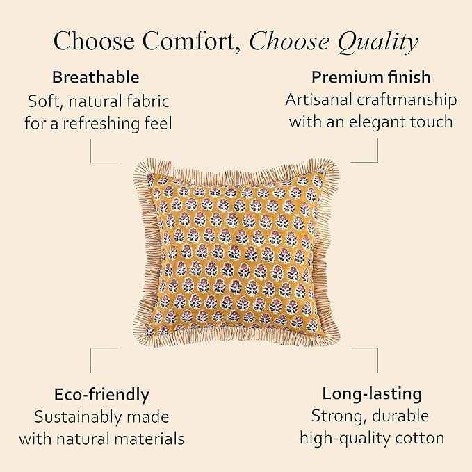 CPC Yellow Citrine Ruffle Throw Pillow Covers for Couch, 20x20 Inch Cotton Stripe Ruffle Couch Pillows for Living Room, Hidden 16 Inch Zipper Boho Pillow Case or Cute Outdoor Ruffle Pillows