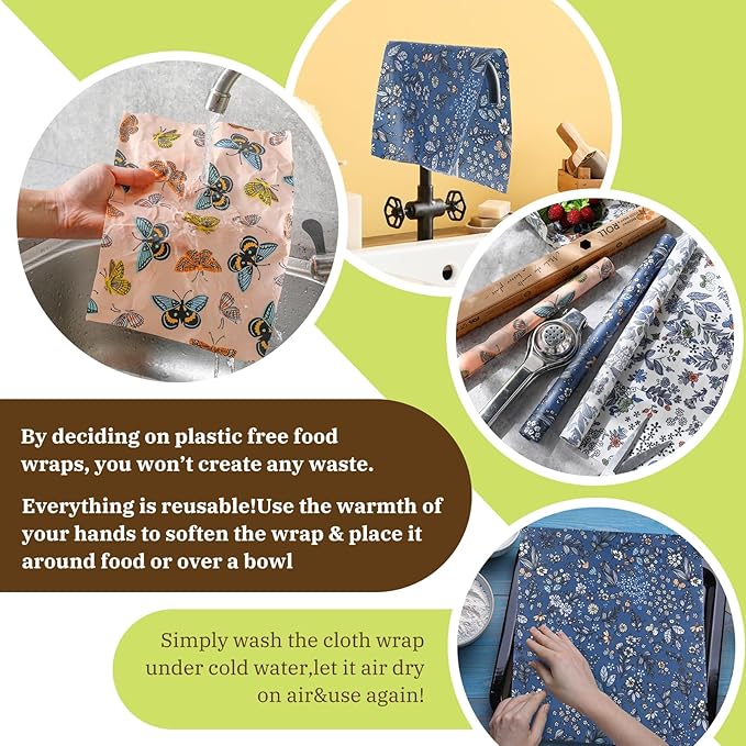 Moukeren 3 Rolls Beeswax Wraps for Food Assorted 13 x 40" Cut to Size Reusable Beeswax Food Wrap Organic Cotton Sustainable Wax Paper Wrappers Plastic Silicone Free for Bread Cheese(Butterfly)