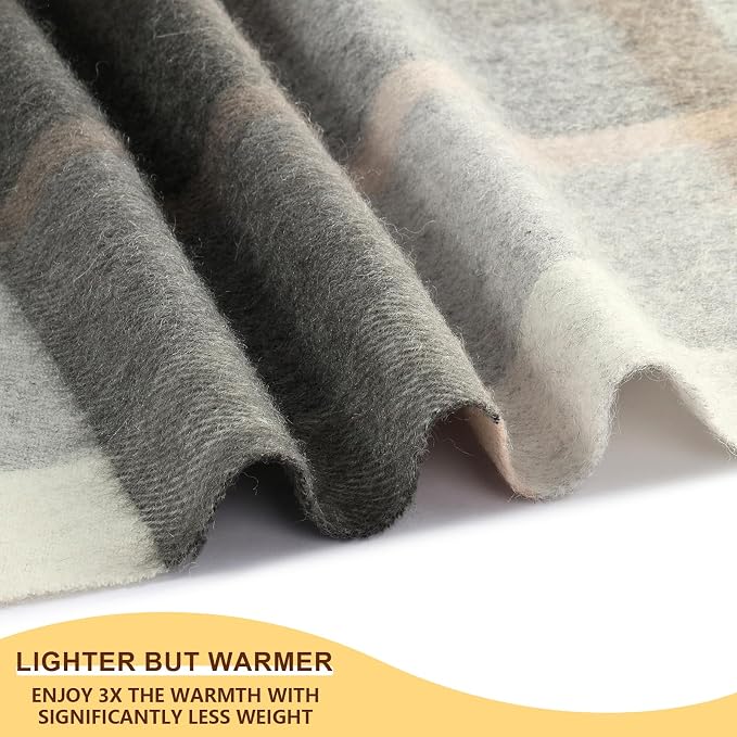 Woolly Throw Pure Wool Blanket - Large 55x83 inches, 1.5 lbs,Wool Fringed Knee Throw Blanket for Couch Bed Outdoor Travel,Soft Lightweight Breathable Blanket for All Season,Beige Check