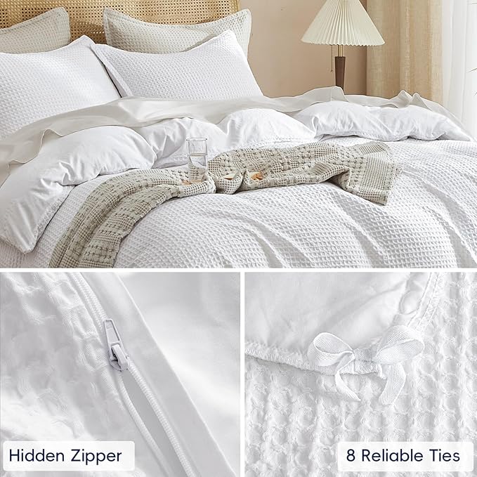 PHF Waffle Weave Duvet Cover Set Queen Size, No Snagging Ultra Soft Luxury Textured Breathable Comforter Cover for All Season 3pcs, Durable Bedding Duvet Set with 2 Pillow Shams, 90"x90", White