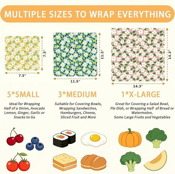 Reusable Beeswax Wrap, 9 Pack Eco-Friendly Beeswax Wraps For Food, Organic, Sustainable, Biodegradable, Zero Waste, Plastic-Free Food Storage, 1XL, 3M, 5S Spring Floral Daisy Pattern