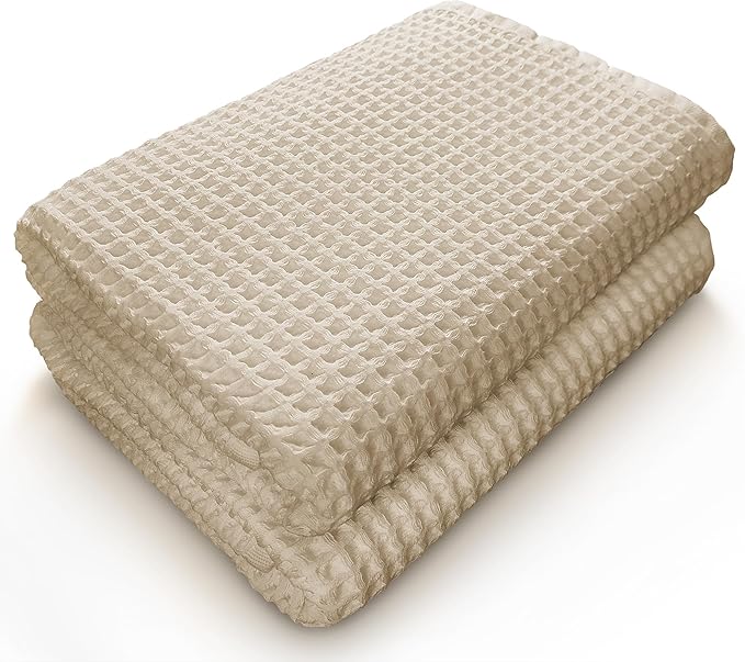 Softerry European Waffle Weave Bath Towel Set - 100% Organic Cotton - Quick Dry Lint Free Thin and Absorbent - Fade Resistant - Eco-Friendly (Set of 2 Bath, Natural)