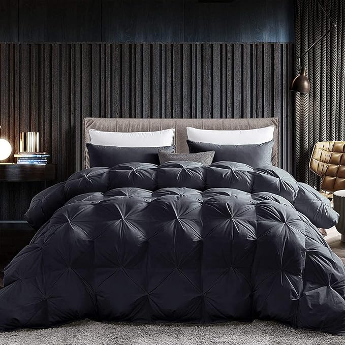 Luxurious Twin/Twin XL Goose Down Comforter, Unique Black Pinch Pleat, 600 Thread Count, 100% Egyptian Cotton Cover, 65 Oz Fill Weight, 750 Fill Power