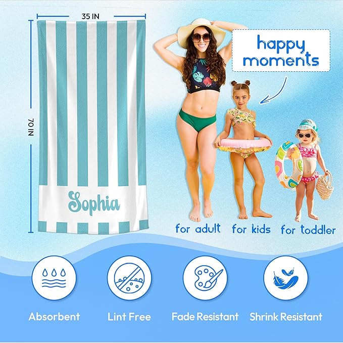JML Personalized Beach Towel with Name, Custom Cabana Stripe Beach Towel, Customized Microfiber Pool Towel, Quick Dry & Absorbent Swim Towel for Adult,Anniversary, Birthday, Summer Holiday,Vacation