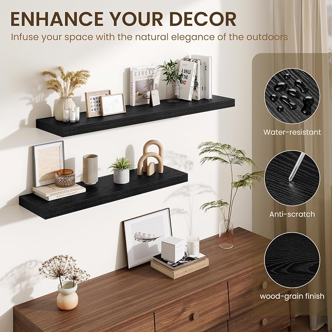 Fun Memories Floating Shelves for Wall 10 Inch, 10 Inch Deep Square Wall Shelves, Bathroom Storage Shelves Over Toilet, Wood Floating Shelves for Living Room Bedroom, Black, Set of 2