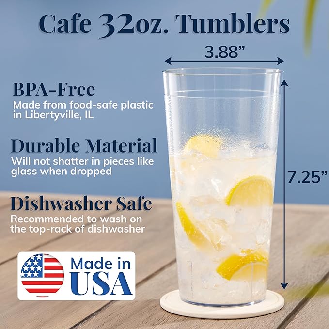 US Acrylic Cafe Plastic Reusable Tumblers (Set of 12) 32-Ounce Iced-Tea Cups Clear | Value Set of Restaurant Style Drinking Glasses, Stackable, BPA-Free, Made in the USA | Top-Rack Dishwasher Safe