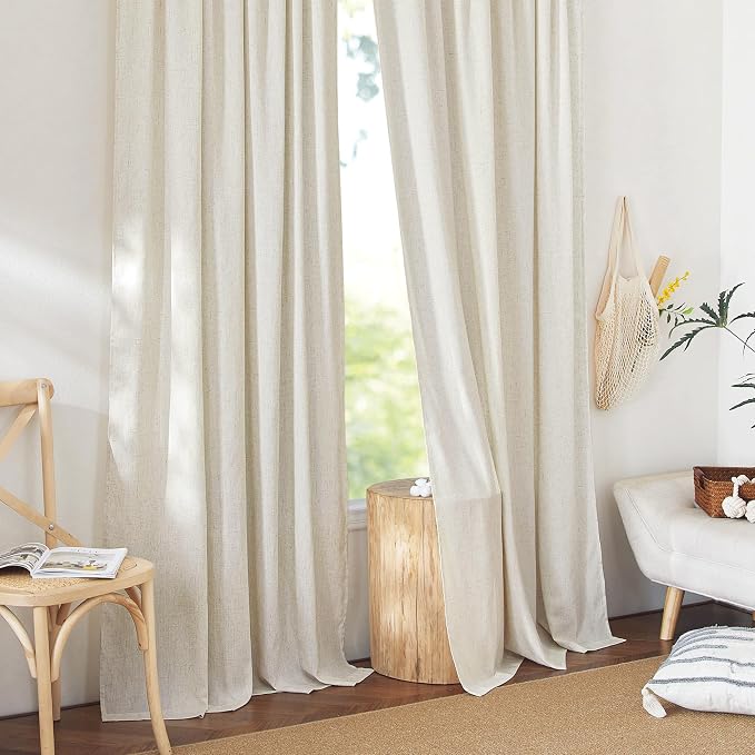 NICETOWN Thick Linen Curtains for Living Room 2 Panels Set, Back Tab/Rod Pocket with Pleat Tape Privacy Added with Light Filtering Window Treatments for Farmhouse/Bedroom, Natural, W52 x L84