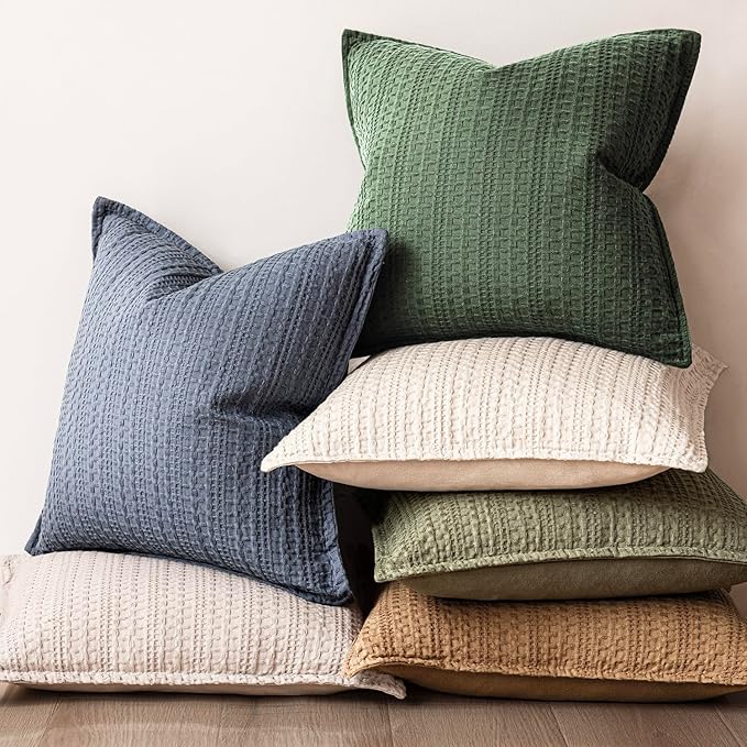 Foindtower Set of 2 Decorative Cotton Waffle Weave Throw Pillow Covers Euro Shams Cushion Covers Accent European Pillowcase for Bed Couch Sofa Bedroom Living Room Home Decor 26×26 Inch Dark Green