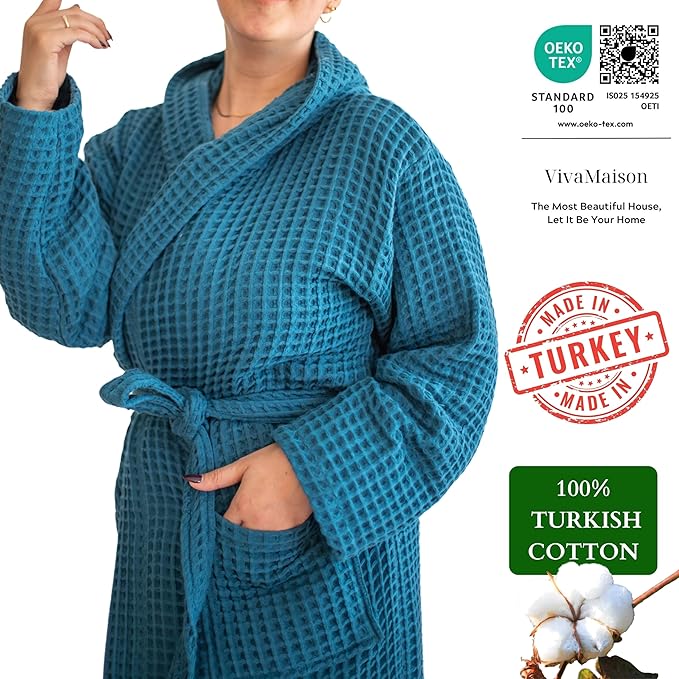 Unisex Hooded Waffle Robe for Women & Men 100% Turkish Cotton | Quick-Dry Bathrobe | Cozy Housecoat for Lounging