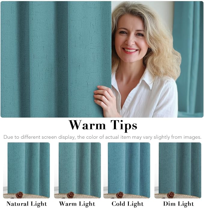 H.VERSAILTEX Linen Curtains 100% Blackout Curtains for Bedroom 90 inch Long Full Light Blocking Nature Linen Blended Window Curtains for Living Room Nickel Grommet (2 Panels, Teal)