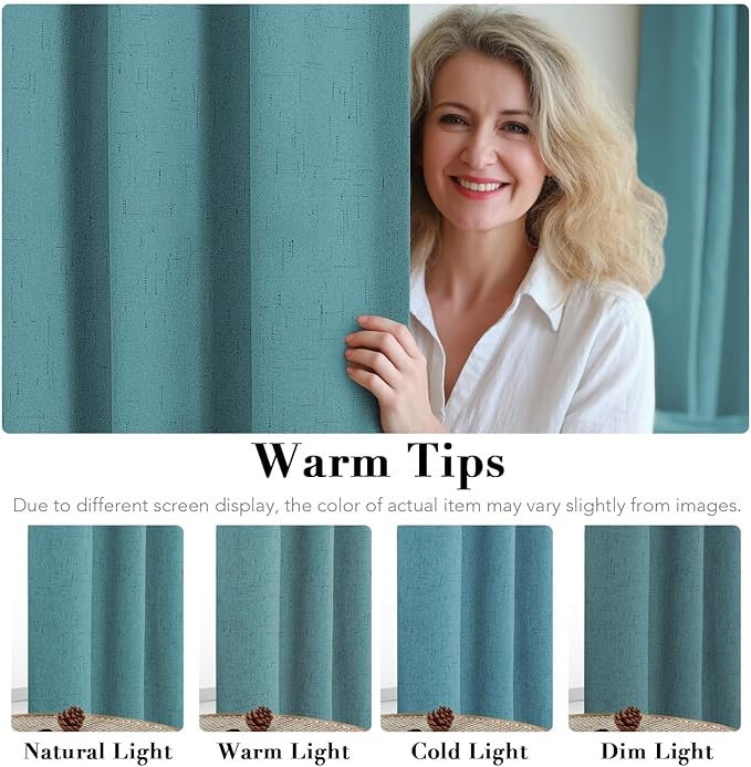 H.VERSAILTEX Linen Curtains 100% Blackout Curtains for Bedroom 102 inch Long Full Light Blocking Nature Linen Blended Window Curtains for Living Room Nickel Grommet (2 Panels, Teal)