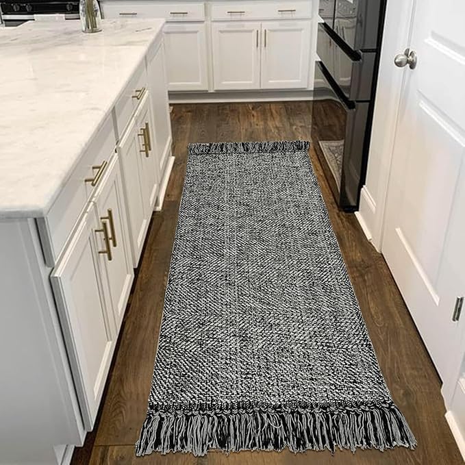 Collive Hallway Runner Rug, 2' x 6' Hand-Woven Reversible Washable , Black Cotton Modern Farmhouse Laundry Room Rug Long Carpet for Bathroom Sink Foyer Bedroom