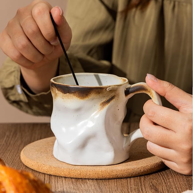 Handmade Ceramic Coffee Mugs, Mugs with Spoon, 11oz, Handmade Pottery Mug with Handle, Hand-painting, Unique Uneven Surface Tea cups, Dishwasher and Microwave Safe (White)
