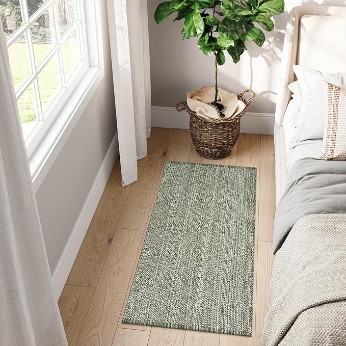 LEEVAN Washable Kitchen Rug 2' x 4.3', Green Bathroom Runner Rug, Reversible Small Hallyway Rug, Farmhouse Low Profile Front Door Mat, Modern Bedroom Carpet for Foyer Laundry/Proch Decor