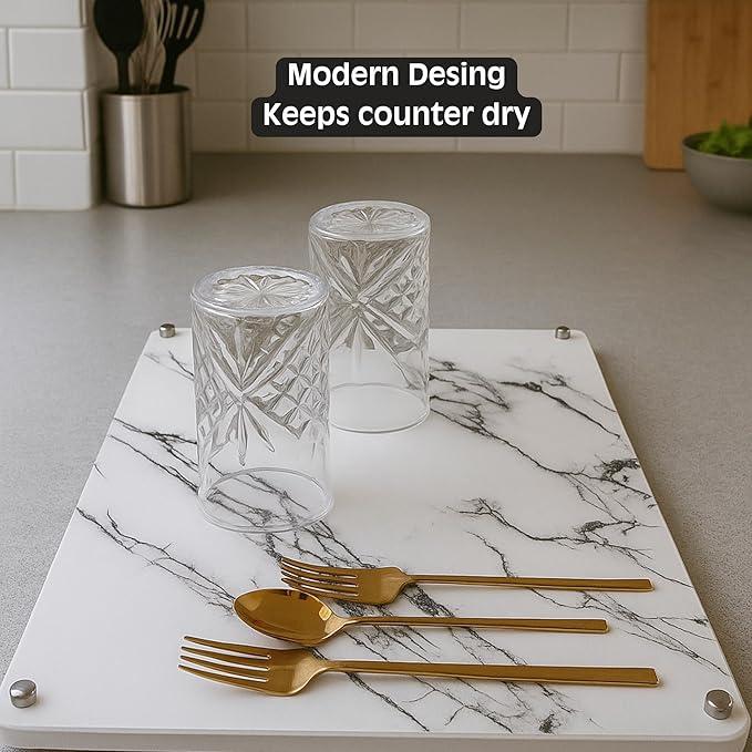 Stone Dish Drying Mat for Kitchen Counter, Diatomaceous Earth Dish Drying Mat, Non Slip, Quick Drying, Super Absorbent, Multipurpose,15.7" x 11.8" inches, White Marble Pattern