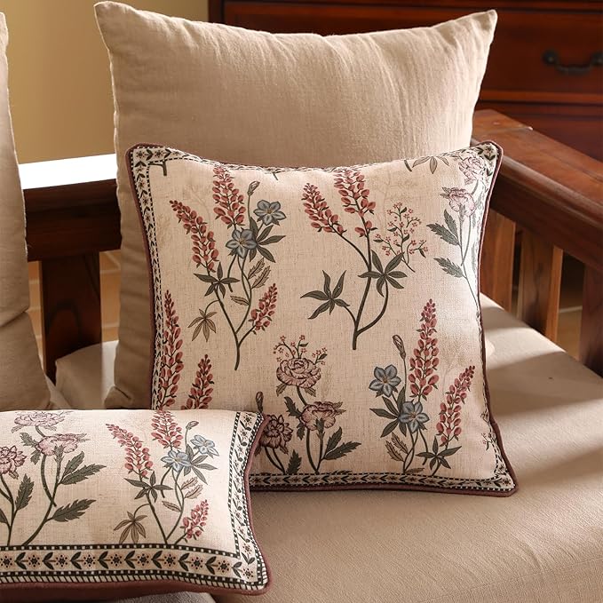 ISAENNE Design Linen Vintage Throw Pillow Covers 18"x18" Pack of 2, Square Cushion Covers with Blue Pink Flowers Green Leaves Pattern Decoration Pillowcases for Bed,Living Room,Outdoor,Car