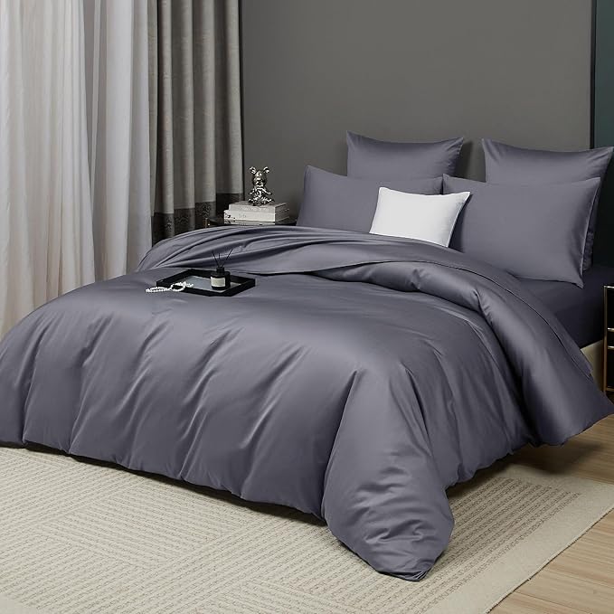Gray Cotton Duvet Cover Set Queen 100% Long-Staple Cotton Sateen Bedding Set, Soft Breathable Smooth Organic Pure Cotton Plain Comforter Cover, Luxury Minimalist Bedroom Decor for All Season