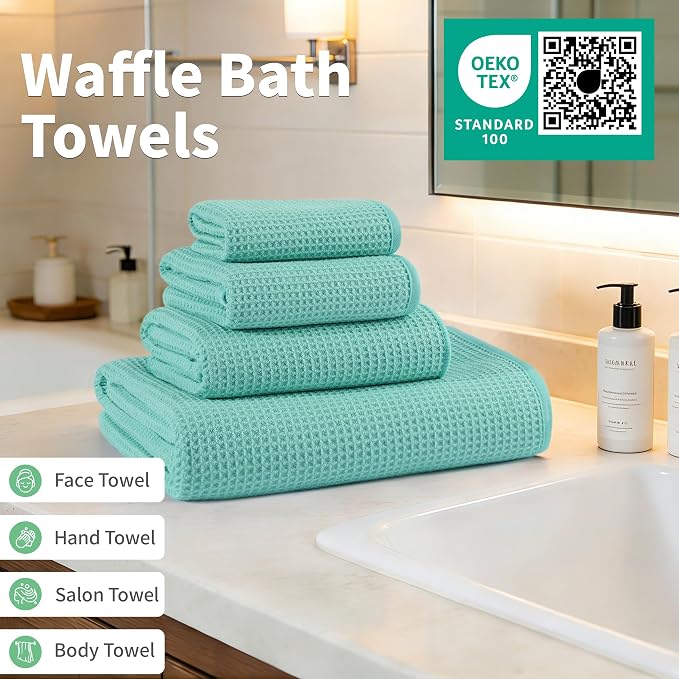 MICROFI Waffle Weave Bath Towel Set, Microfiber, 4 Pieces (Body/Hair/Hand/Face), Quick Dry, Lightweight, Super Absorbent, Lint Free, 380 GSM (Turquoise)