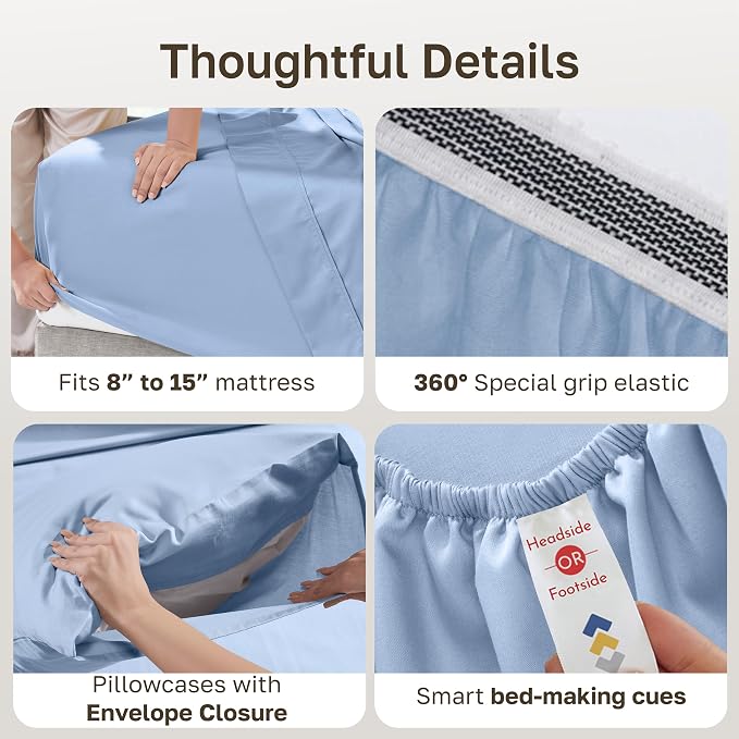 California Design Den Soft 100% Organic Cotton Queen Sheet Set - Crisp and Cool Percale, Deep Pocket Organic Cotton Sheets with Anti-Skid Elastic, Breathable and Durable Bedding Set - Light Blue