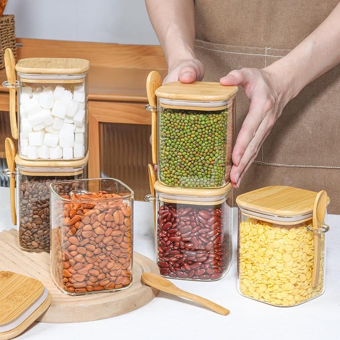 ComSaf 27oz&24oz Set of 13 Glass Storage Containers with Lids, Glass Jars with Bamboo Lids, Clear Food Storage Jar, Round Glass Canister, Pantry Organizers and Storage for Pasta Flour Coffee Bean
