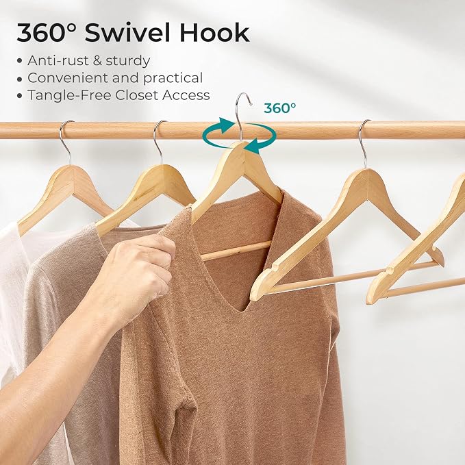 HOUSE DAY Premium Wooden Hangers 10 Pack - Heavy Duty & Durable Coat Hanger | Natural Wood Suit Hangers, 360° Swivel Hook & Pant Bar, Ideal for Jackets, Dresses, Shirts, Perfect for Closet Organization