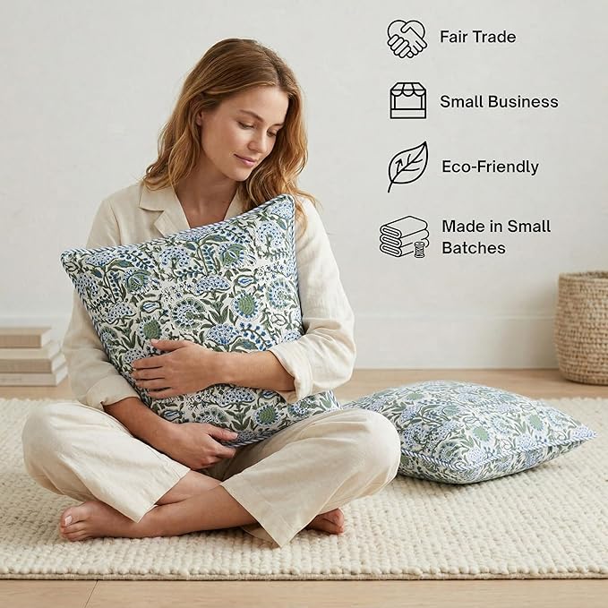 ATOSII Block Print Throw Pillow Covers, 24" X 24" - Set of 2, Decorative Couch Pillows for Living Room Bed Sofa, 100% Cotton Canvas Pillow Case for Home Decor & Outdoors, Preppy Throws - Clover Blue