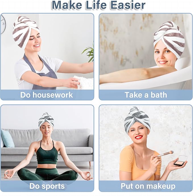 Microfiber Hair Towel Wrap, Quick Dry Hair Turbans with Button, Ultra Soft Thickening Coral Fleece Dry Hair Cap, Anti Frizz Hair Turban Towel for Curly Long Thick Hair