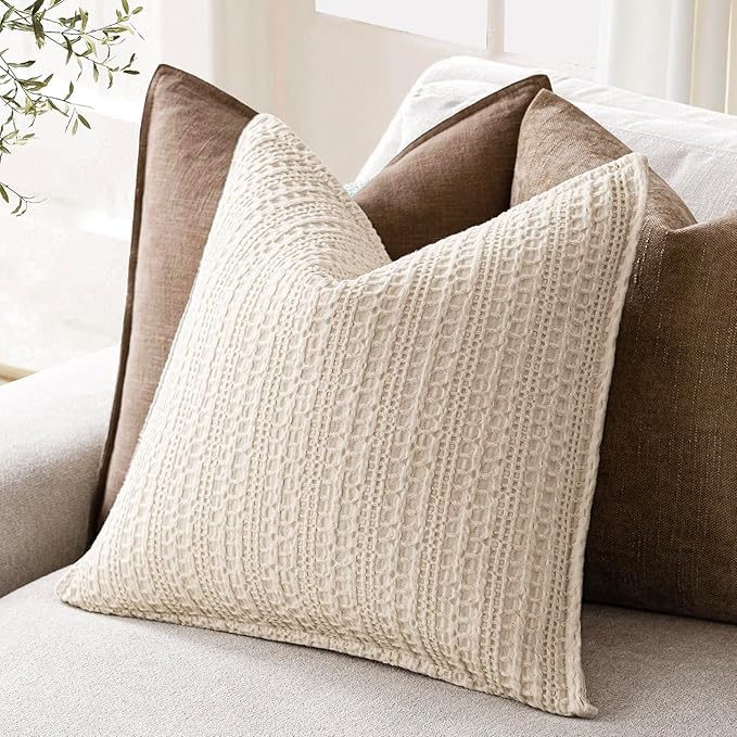 Foindtower Set of 2 Decorative Cotton Waffle Weave Throw Pillow Covers Euro Shams Cushion Covers Accent European Pillowcase for Bed Couch Sofa Bedroom Living Room Home Decor 22×22 Inch Natural Beige
