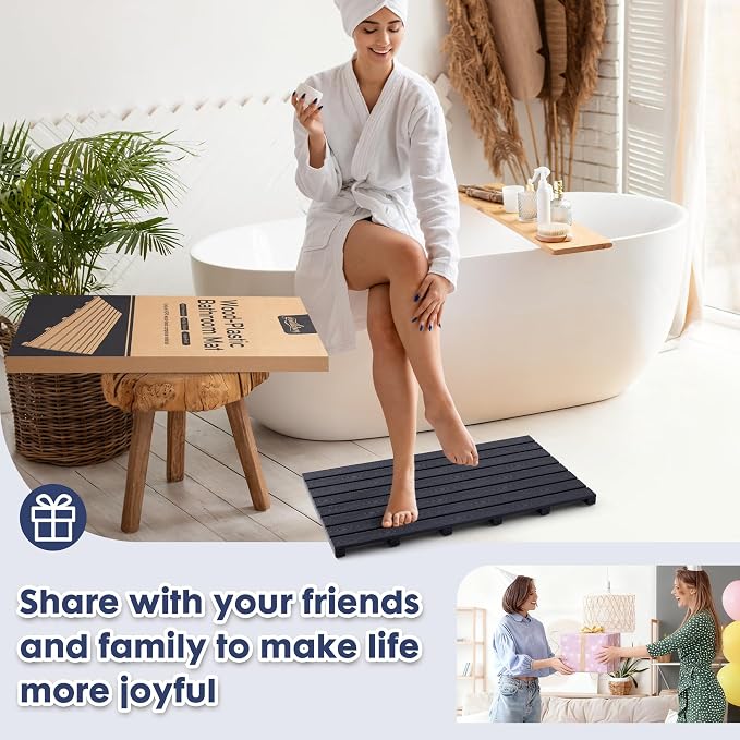 Bamboo-Design Bath Mat, Heavy Duty HDPS Plastic, 31.5"x18", 400lb Support, 100% Waterproof & Fadeproof, Superior to Real Bamboo for Bathroom Shower Spa Sauna Poolside Outdoor (Black Color)