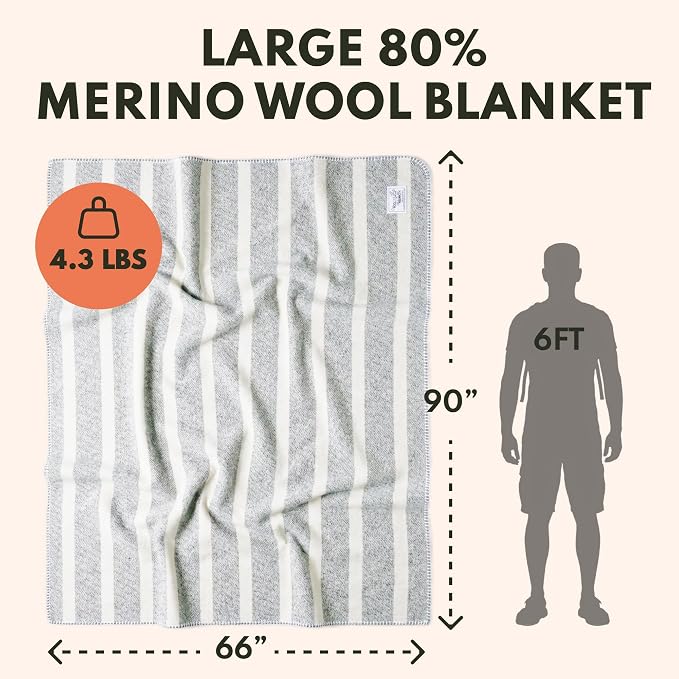 Woolly Mammoth Woolen Company Merino Wool Blanket, 66" x 90" Limestone | Temperature Regulating - Fire-Resistant - Warm Camping Blanket for Car Emergency Kits, Picnics, Summer Festivals and Stadiums