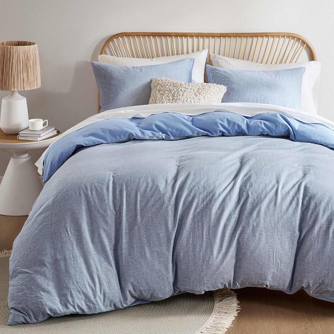 Hyde Lane Linen Duvet Cover Set Queen Size, 3Pcs Textured French Flax Linen Cotton Blend Bedding Set, Natural and Organic, Soft and Breathable, with 2 Pillow Shams, 90"x90", Blue