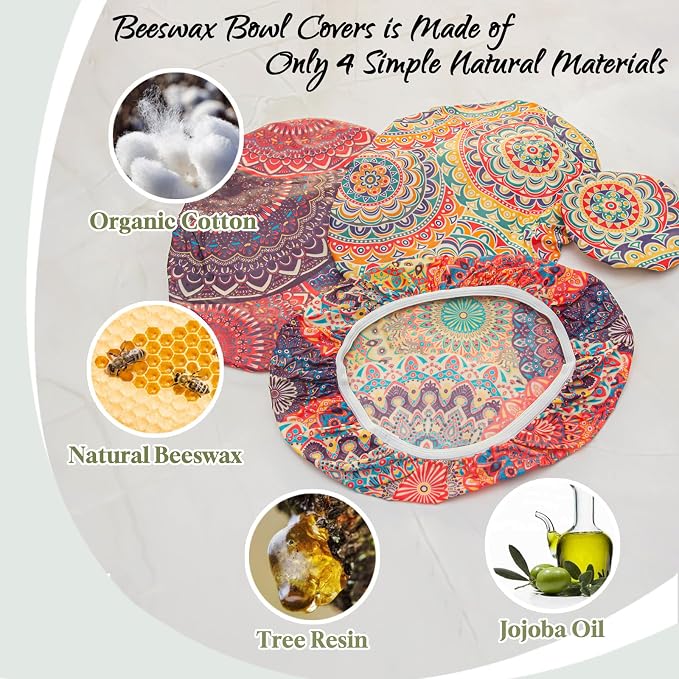 3Pack 10IN Oval Beeswax Bowl Covers with a 4IN Sourdough Jar lid,Reusable Bread Proofing Covers,100% Organic Cotton & Natural Beeswax,Elastic Cover for Sourdough for Dough Proofing & Food Storage