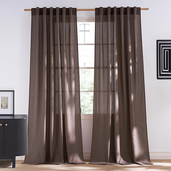 NICETOWN Linen Brown Curtains 102 inches Long for Bedroom, Rod Pocket & Back Tab Privacy Added with Light Filtering Thick Flax Linen Burlap Window Treatments for Living Room, W55 x L102, 2 Panels