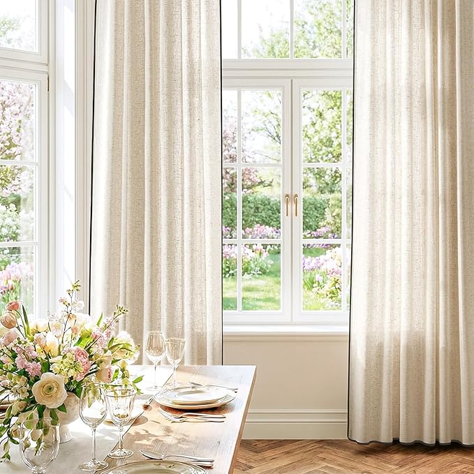 jinchan Beige Linen Blend Curtains with Black Trim, French Style Drapes for Living Room Bedroom 2 Panels 84 Inches Length Neutral Curtains Farmhouse Modern Window Treatment with Rod Pocket Back Tab