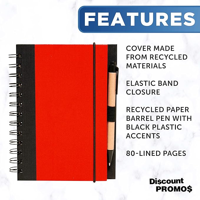 DISCOUNT PROMOS Eco Block Notebooks with Pens Set of 10, Bulk Pack - Perfect for School, Office, Business, Home - Red